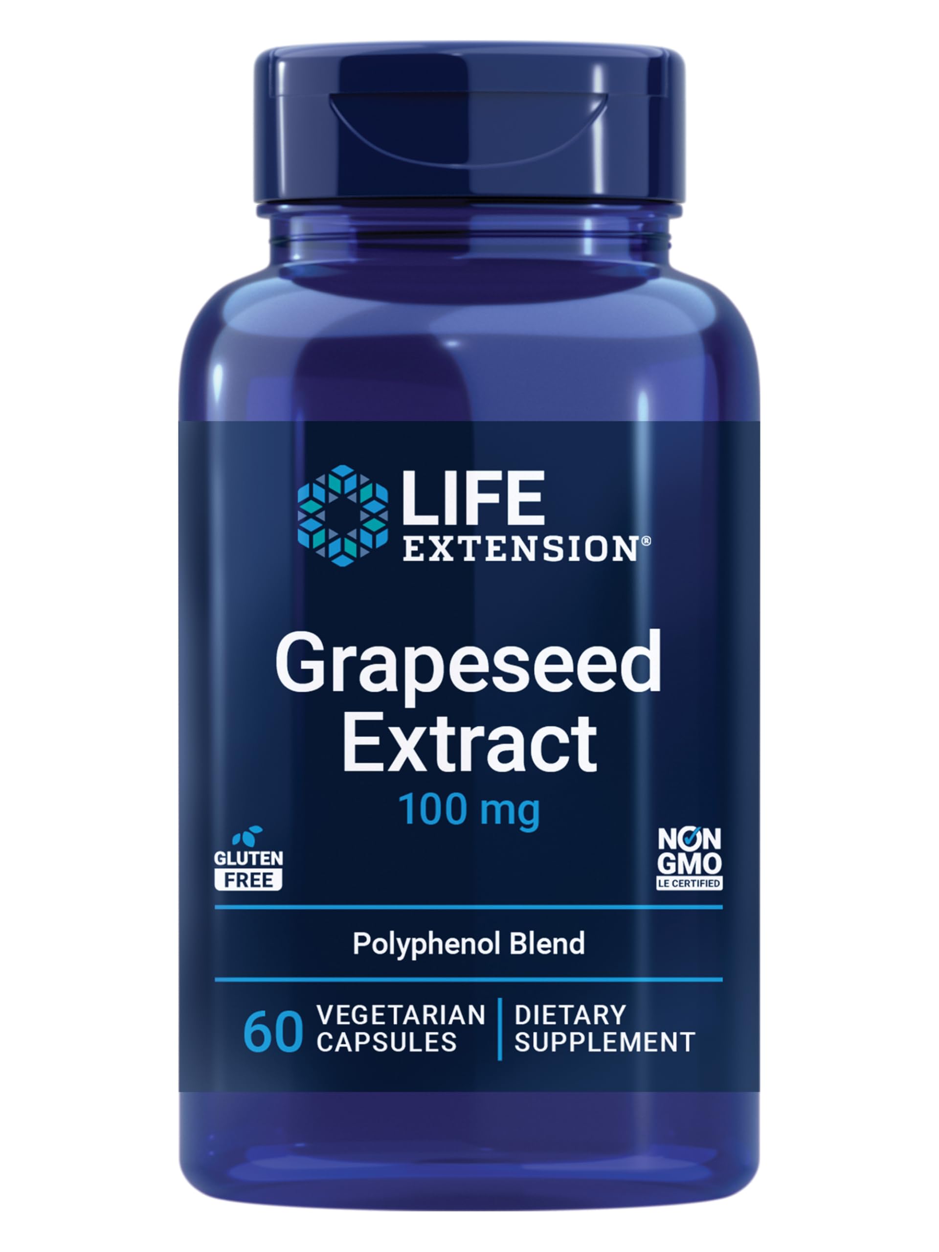 Life Extension Grapeseed Extract bottle label showing heart-friendly formula.