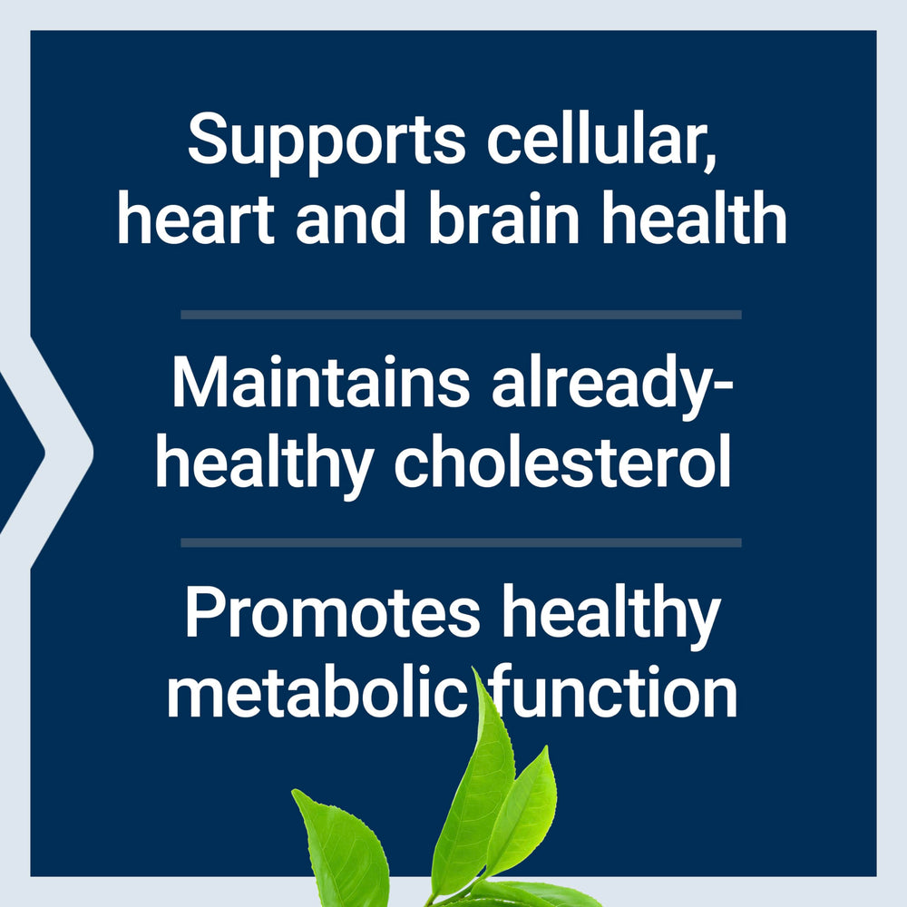 Life Extension green tea leaves with a cup emphasize caffeine-free option