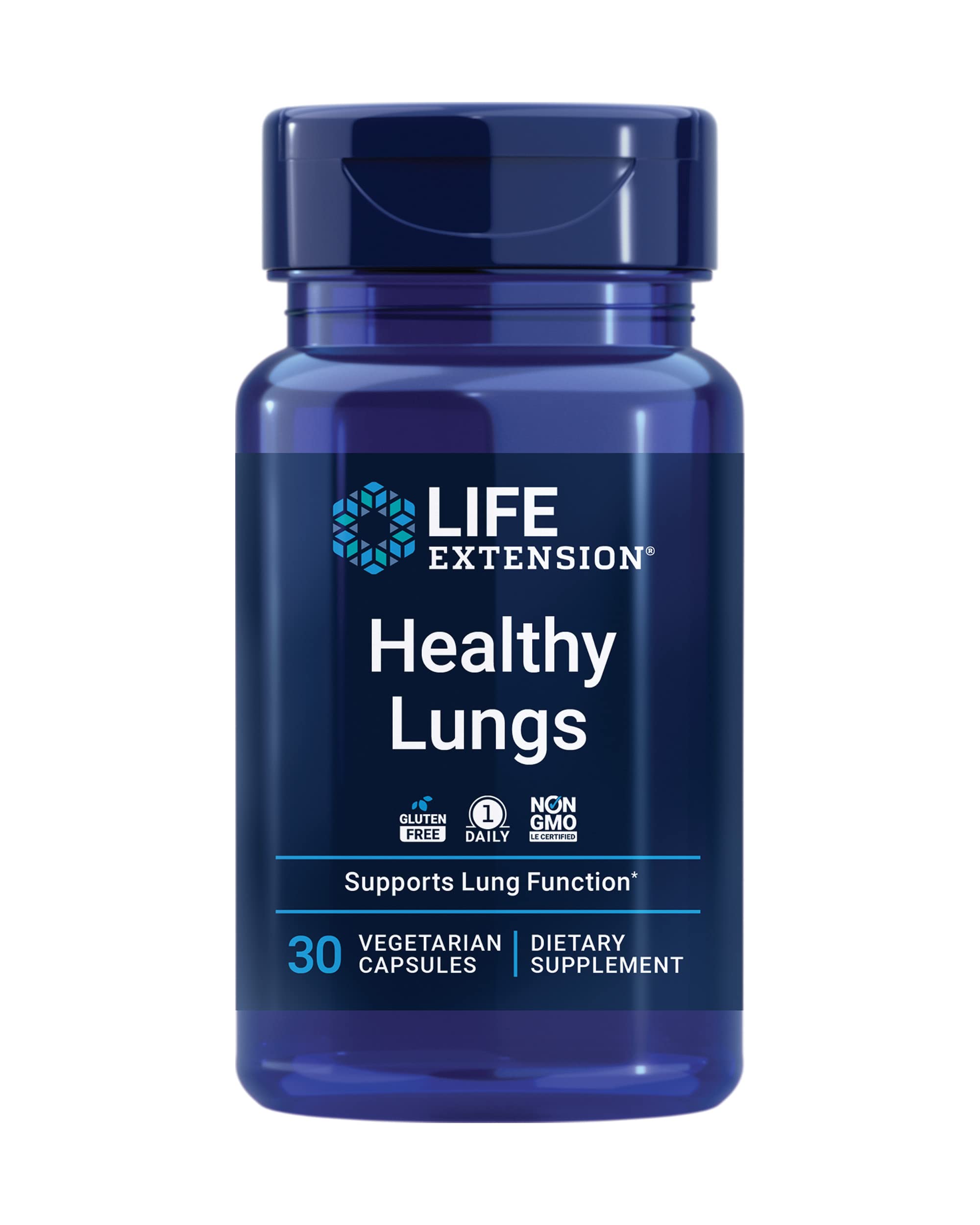 Life Extension Healthy Lungs bottle pour promotes daily breathing support.