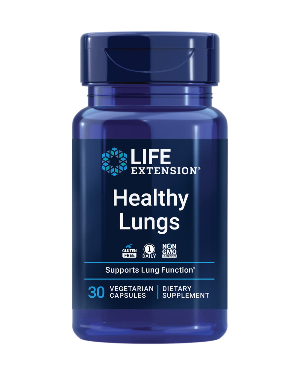 Life Extension Healthy Lungs bottle pour promotes daily breathing support.