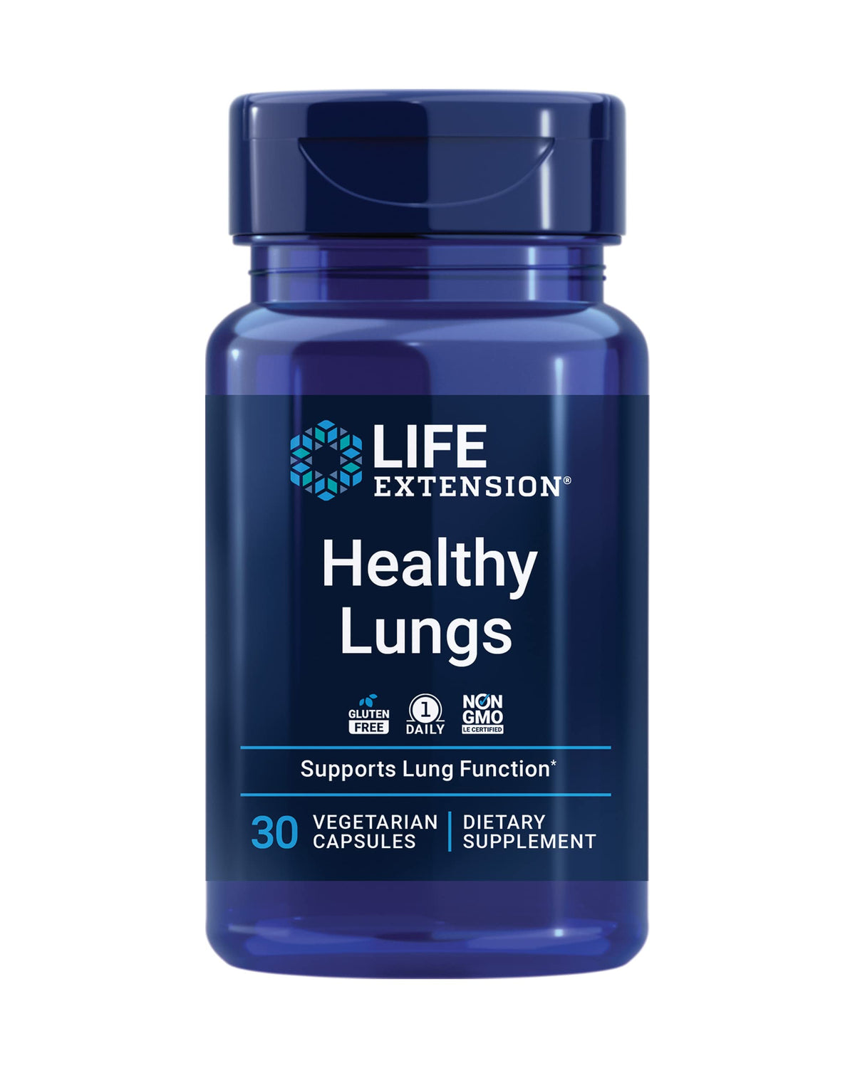 Life Extension Healthy Lungs bottle pour promotes daily breathing support.