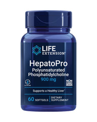 Life Extension HepatoPro bottle shows 60 softgels for liver support.