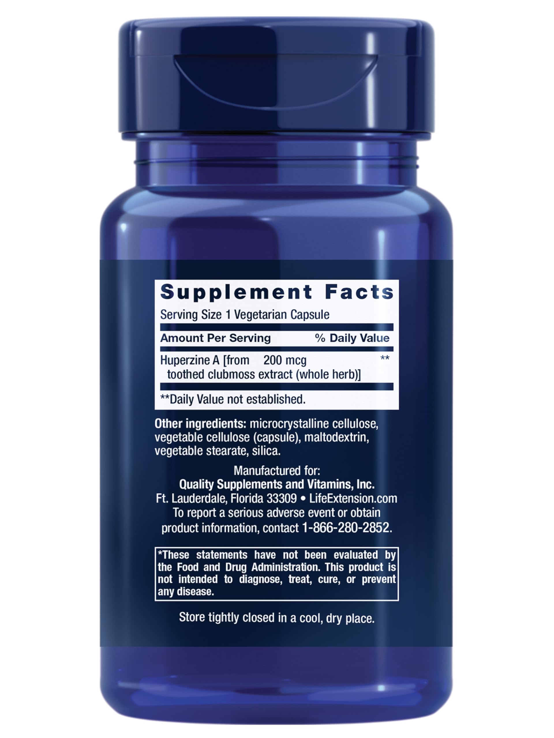 Life Extension Huperzine A bottle back showing ingredients and non-GMO claim