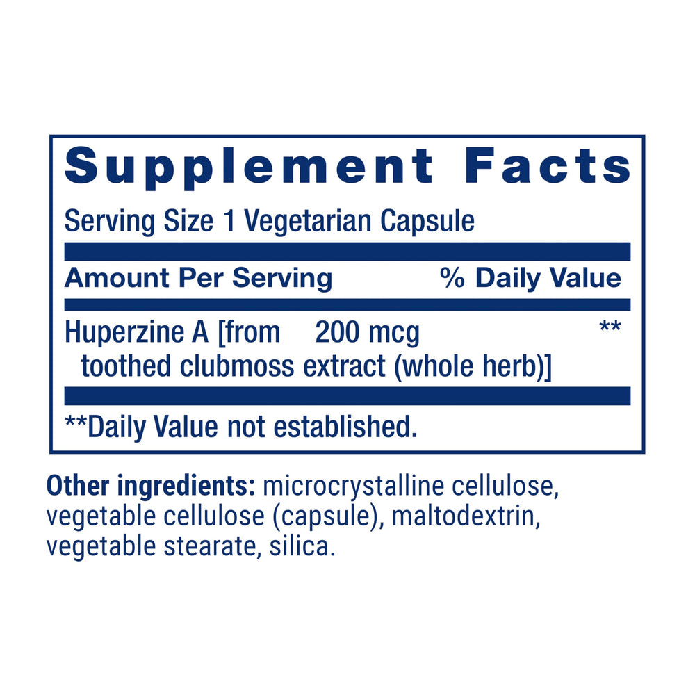 Life Extension Huperzine A capsules closeup highlighting vegetarian capsules for easy routine