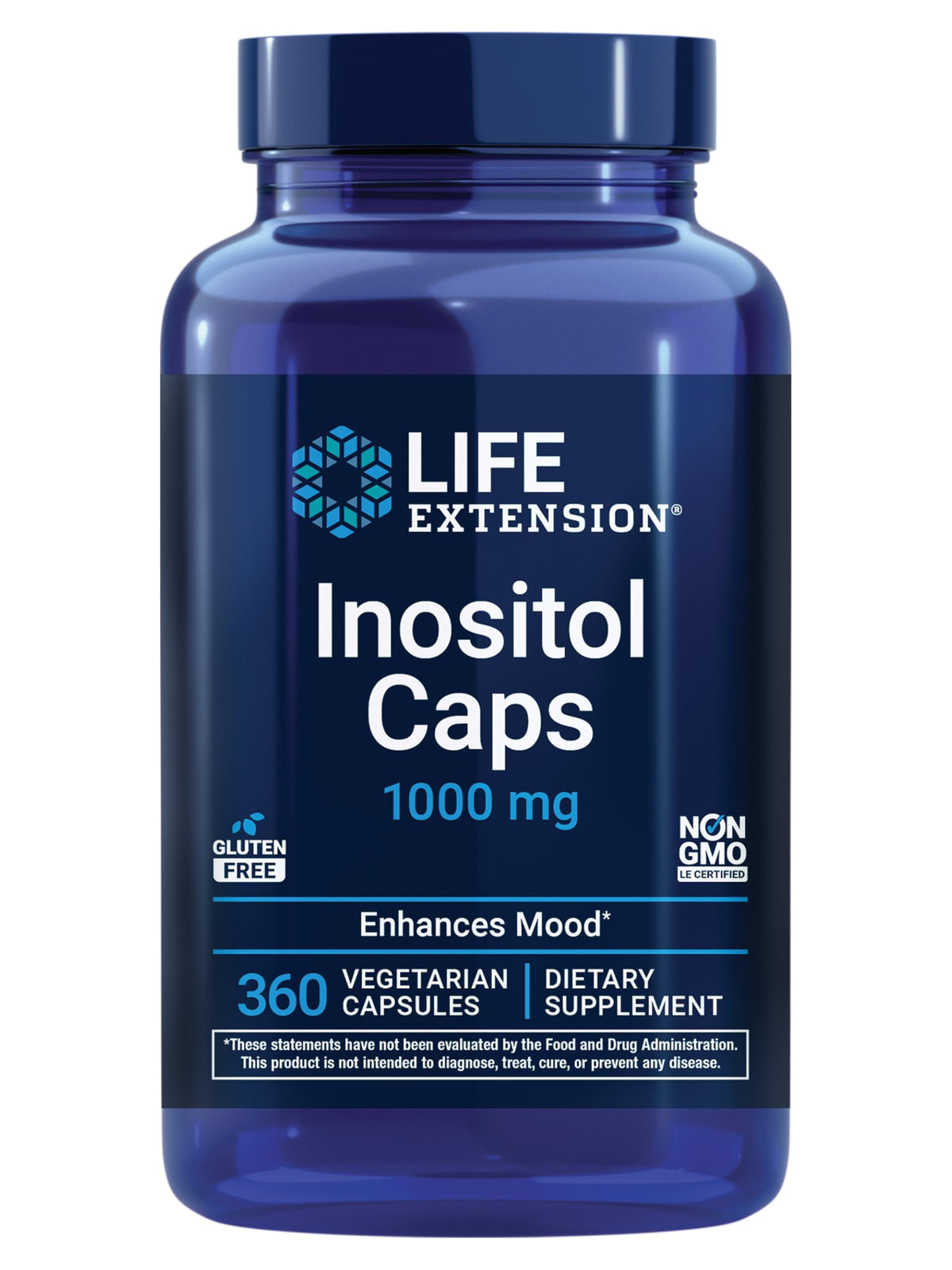 Life Extension Inositol capsules bottle for daily mood support and wellness.