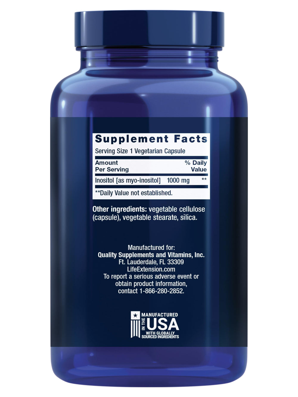 Life Extension Inositol capsules close-up of dosage label showing 1000 mg per capsule.