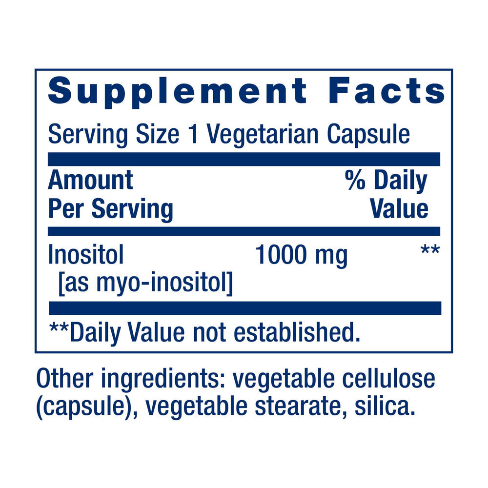 Life Extension Inositol capsules displayed with gluten-free branding and purity emphasis.