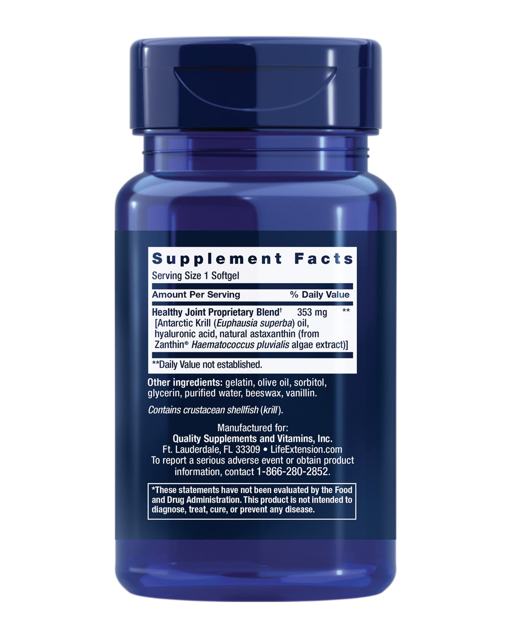 Life Extension Krill Healthy Joint Formula bottle side displays gluten-free and USA-made credentials.