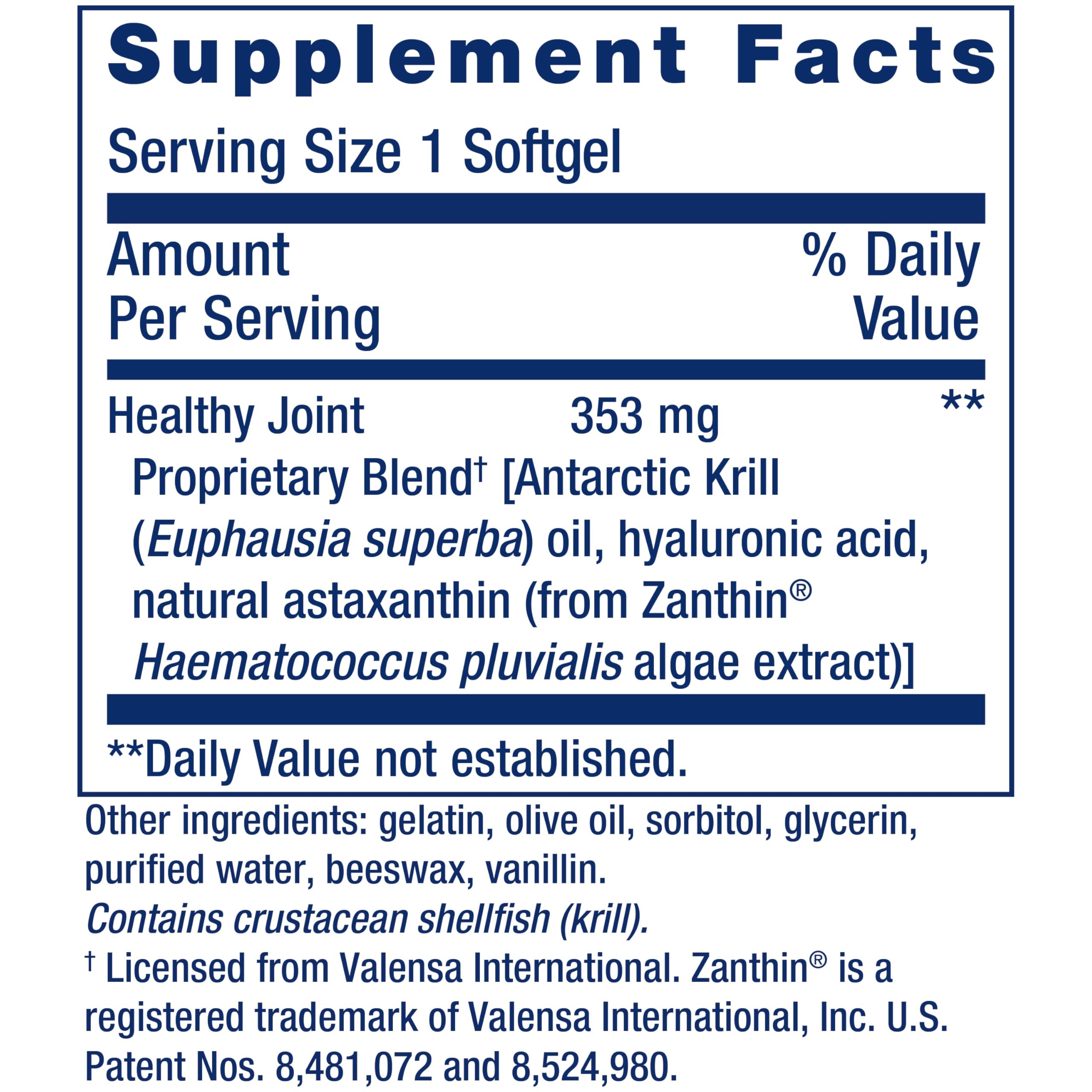Life Extension Krill Healthy Joint Formula softgels close-up highlights easy-to-swallow capsules.