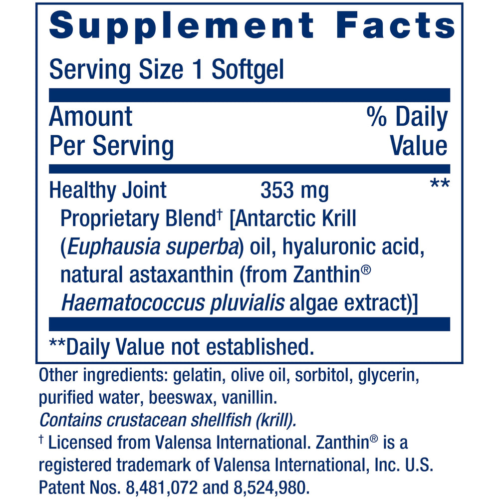 Life Extension Krill Healthy Joint Formula softgels close-up highlights easy-to-swallow capsules.