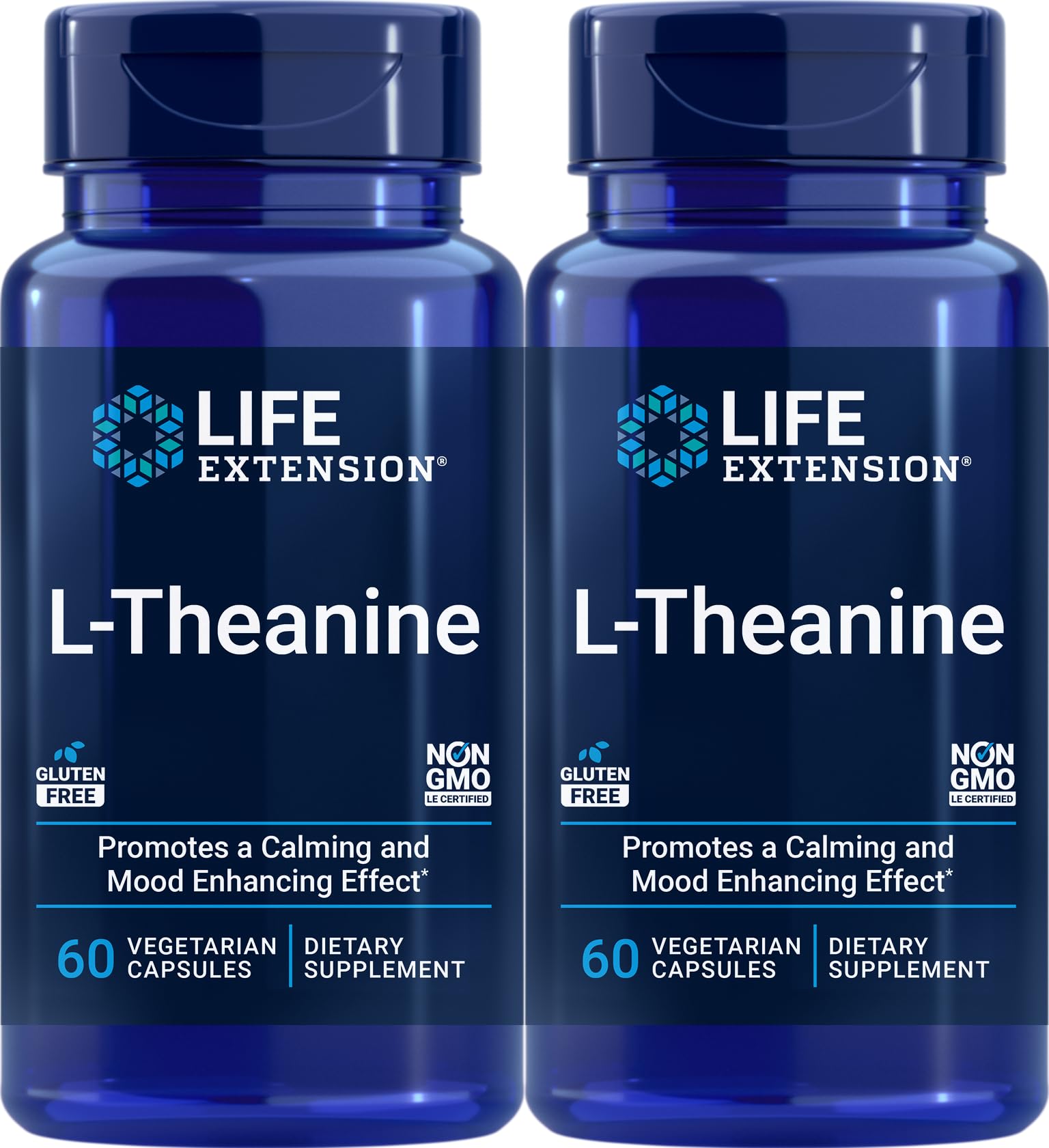 Life Extension L-Theanine bottle and capsules illustrate calm, focused energy for daily routines.