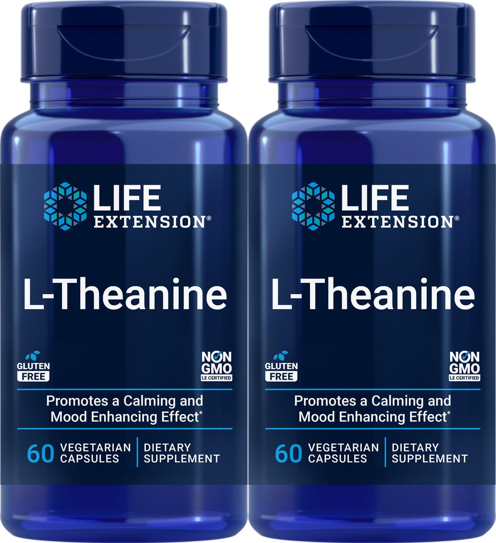 Life Extension L-Theanine bottle and capsules illustrate calm, focused energy for daily routines.