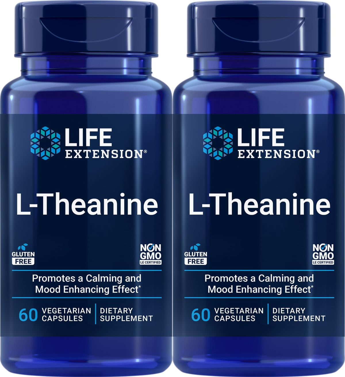Life Extension L-Theanine bottle and capsules illustrate calm, focused energy for daily routines.