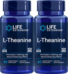 Life Extension L-Theanine bottle and capsules illustrate calm, focused energy for daily routines.