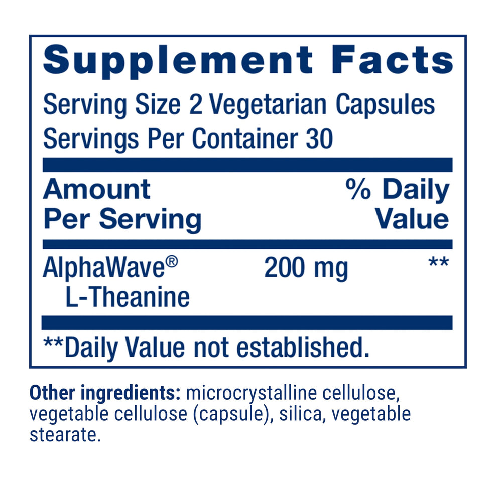 Life Extension L-Theanine: etiqueta del producto que destaca pureza y origen no-GMO.