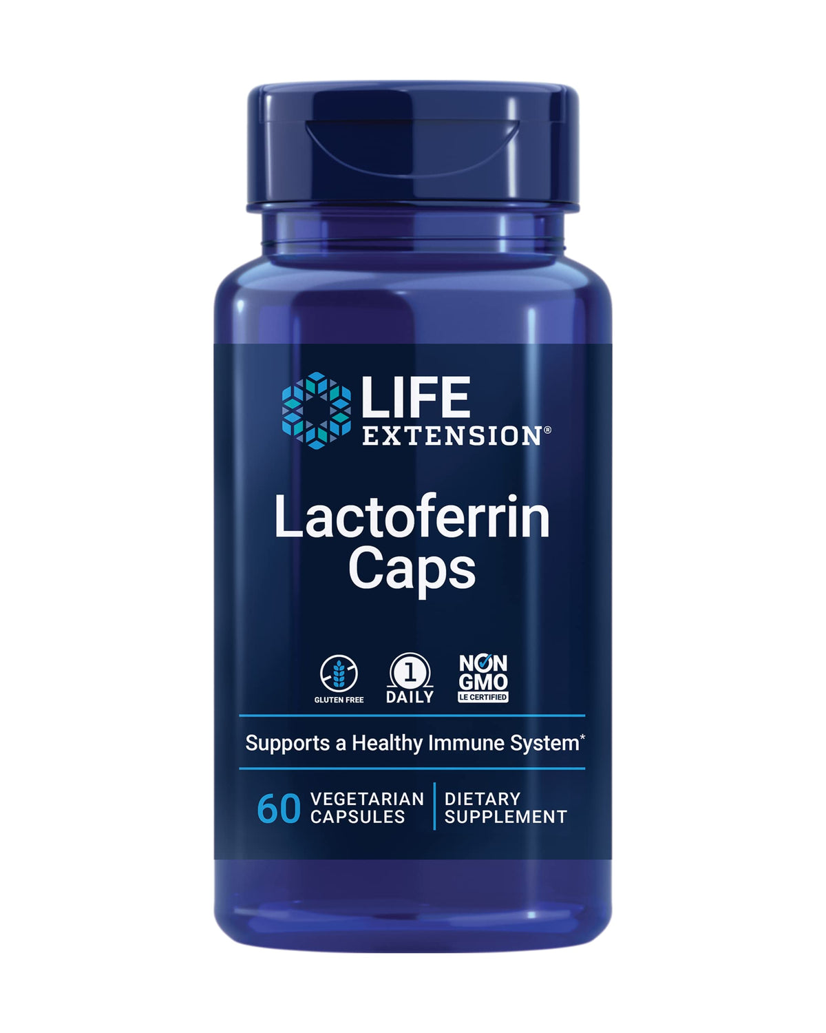 Life Extension Lactoferrin Caps bottle on shelf promoting daily immune wellness