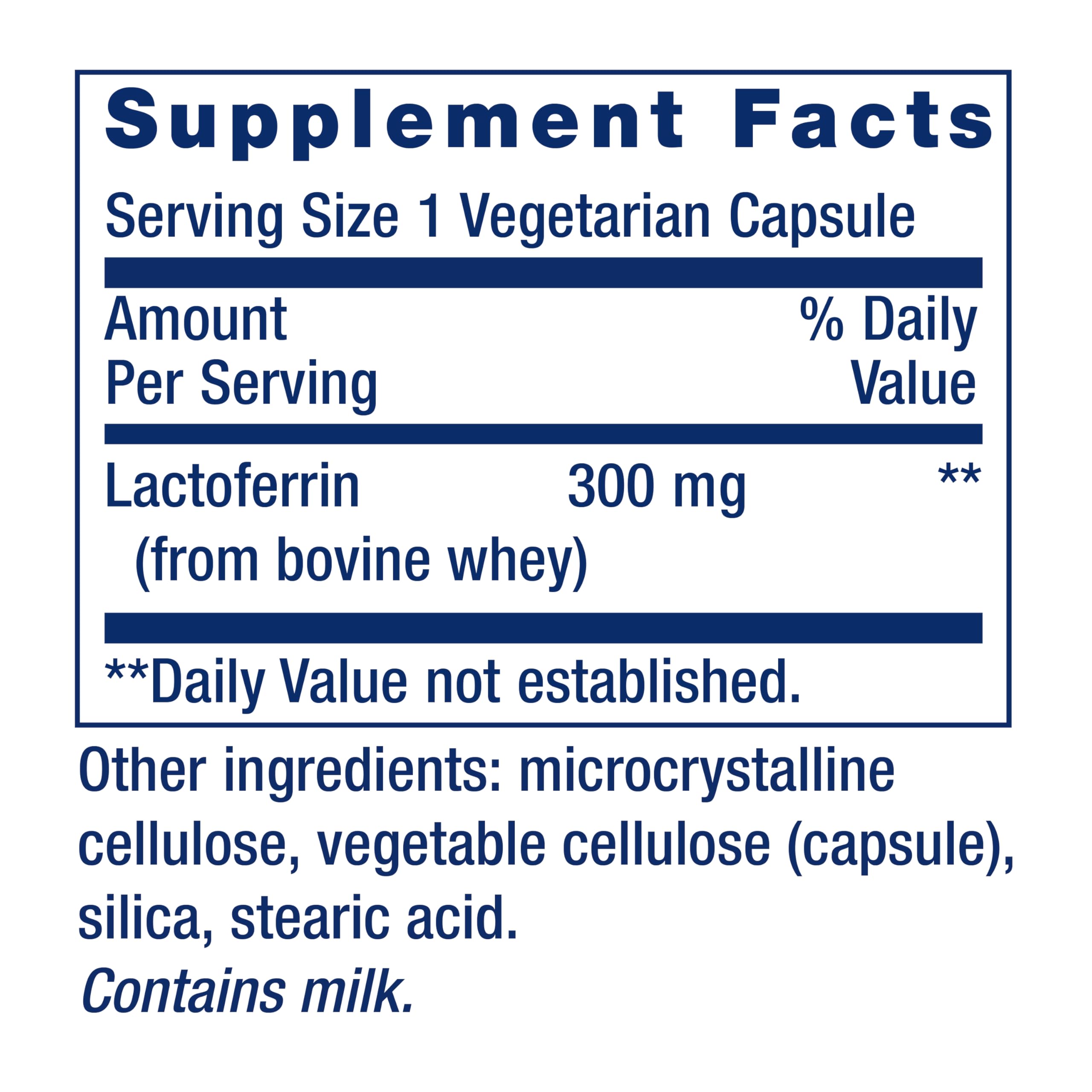 Close-up of Life Extension Lactoferrin Caps label showing gluten-free and non-GMO details