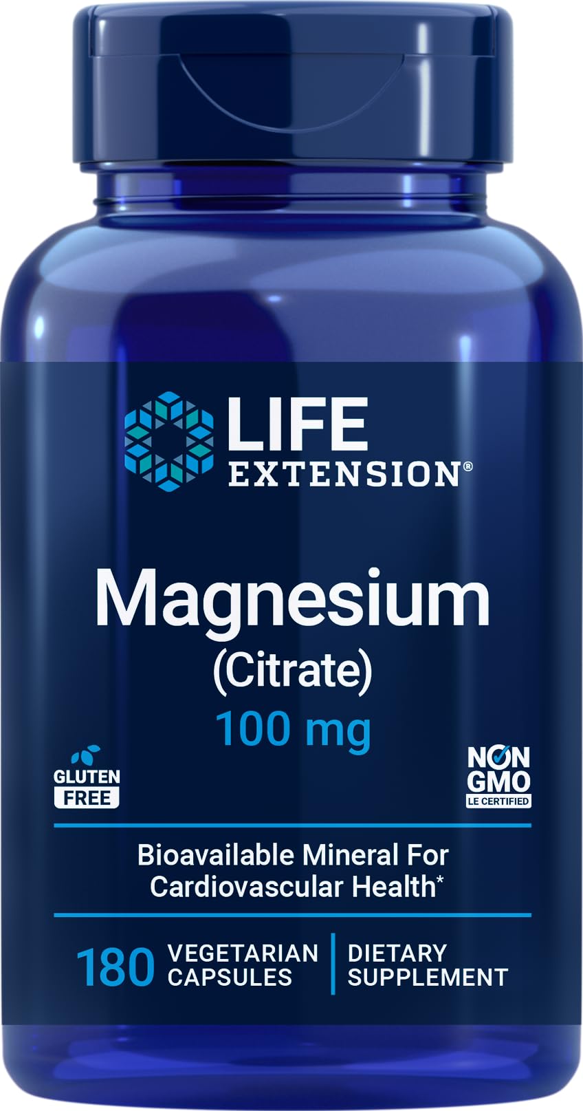 Life Extension Magnesium Citrate 100mg capsule close-up showing elemental magnesium delivery