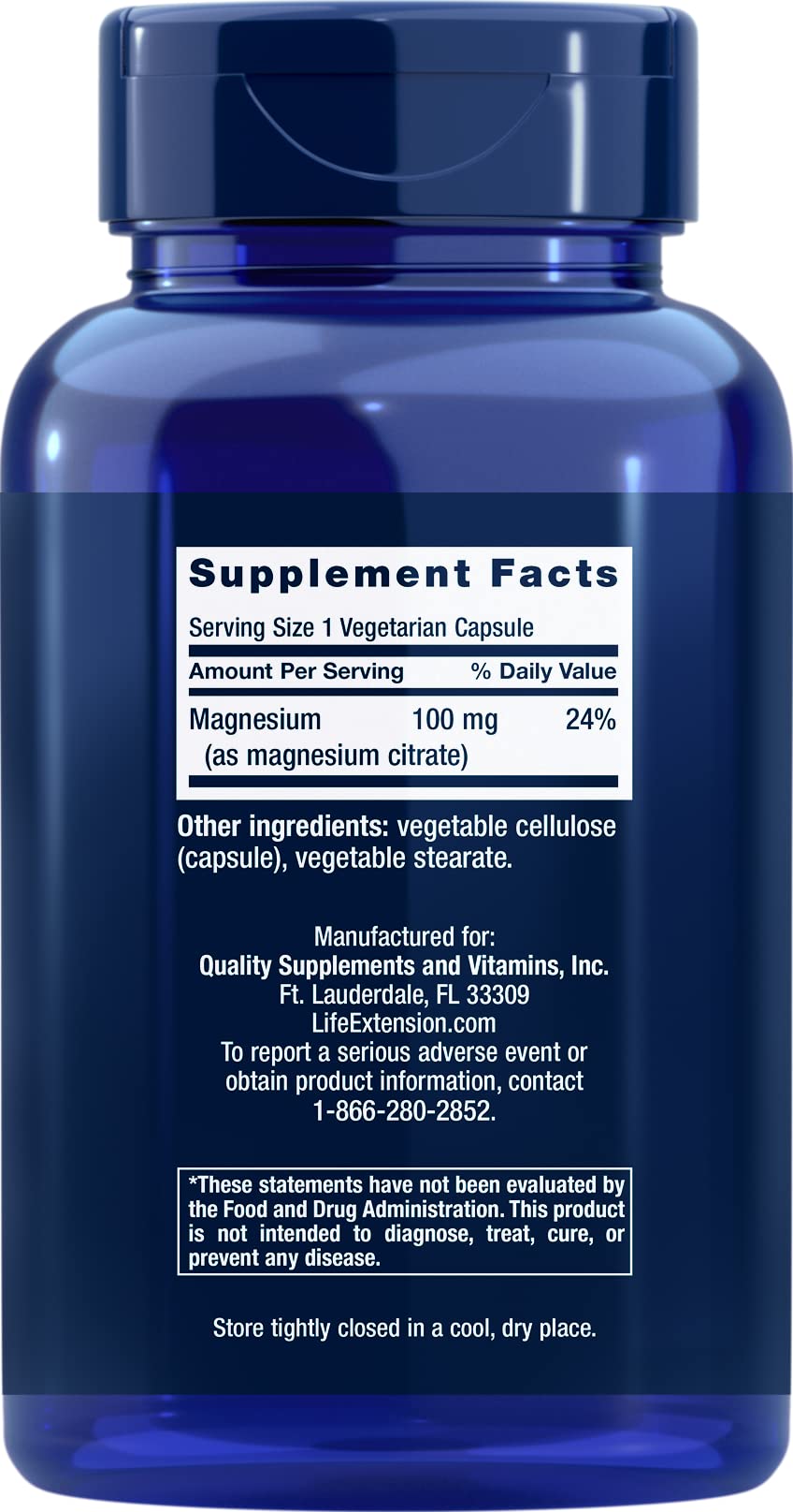 Life Extension Magnesium Citrate bottle with 180 vegan capsules on a clean surface
