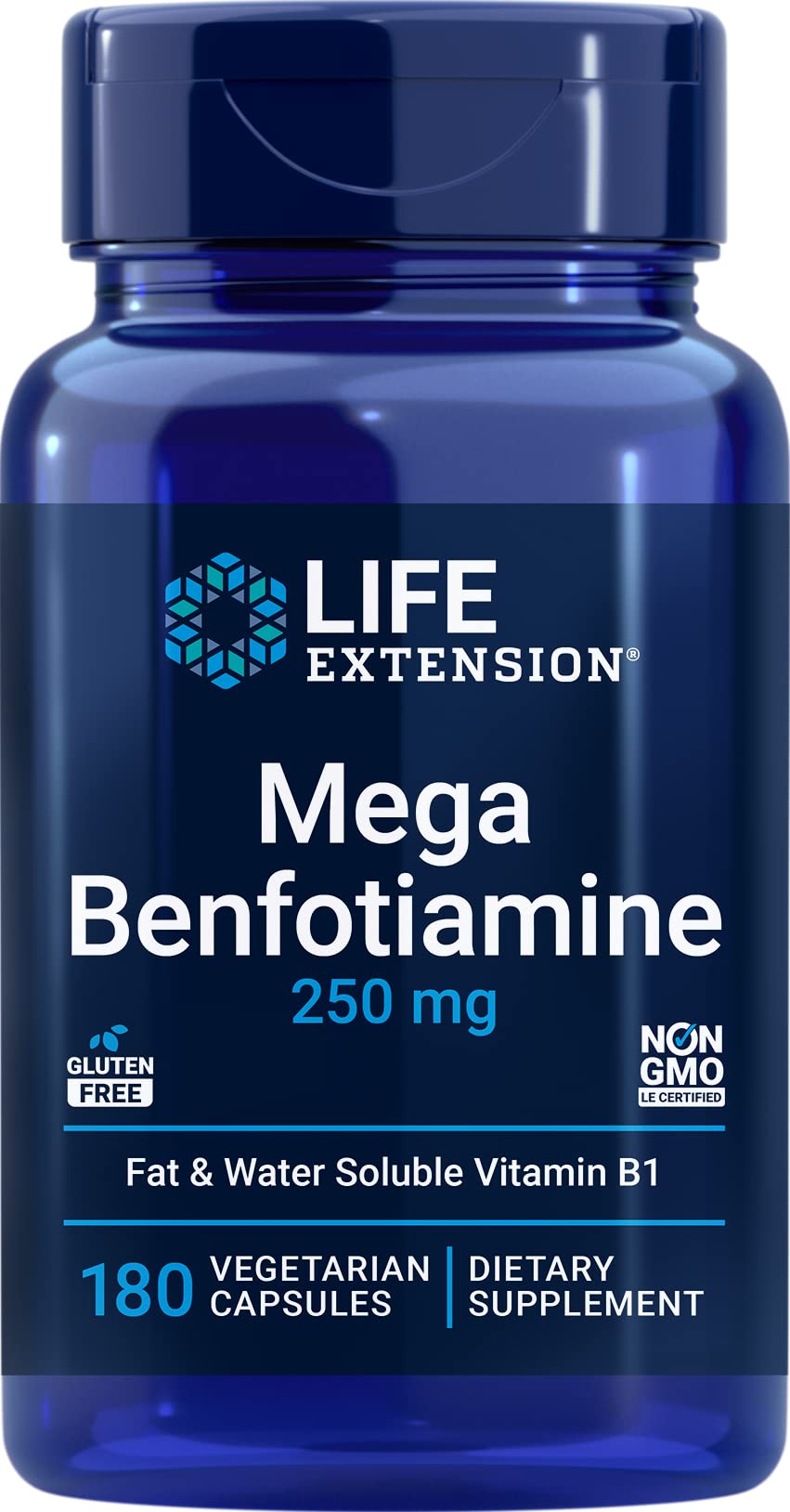 Life Extension Mega Benfotiamine bottle front showing dual B1 formula for enhanced absorption.