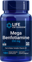 Life Extension Mega Benfotiamine bottle front showing dual B1 formula for enhanced absorption.