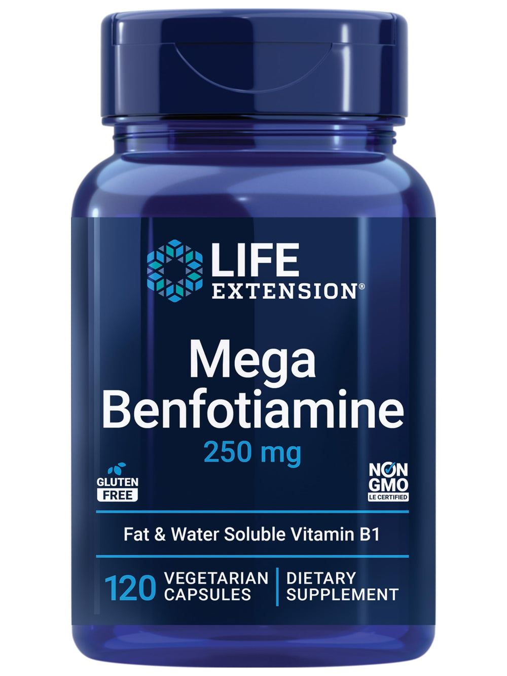 Life Extension Mega Benfotiamine bottle shows high-potency B1 for metabolic support.