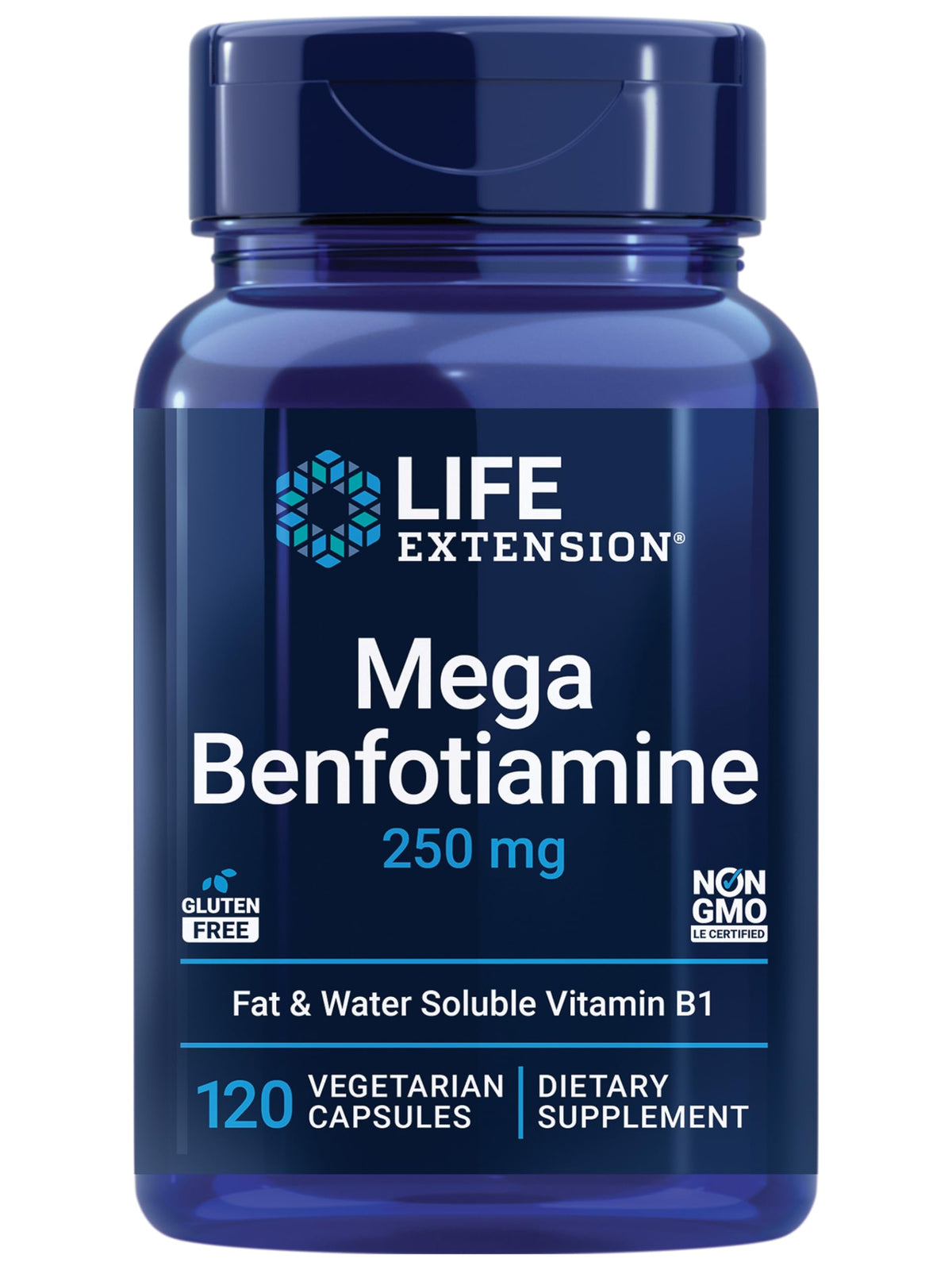 Life Extension Mega Benfotiamine bottle shows high-potency B1 for metabolic support.