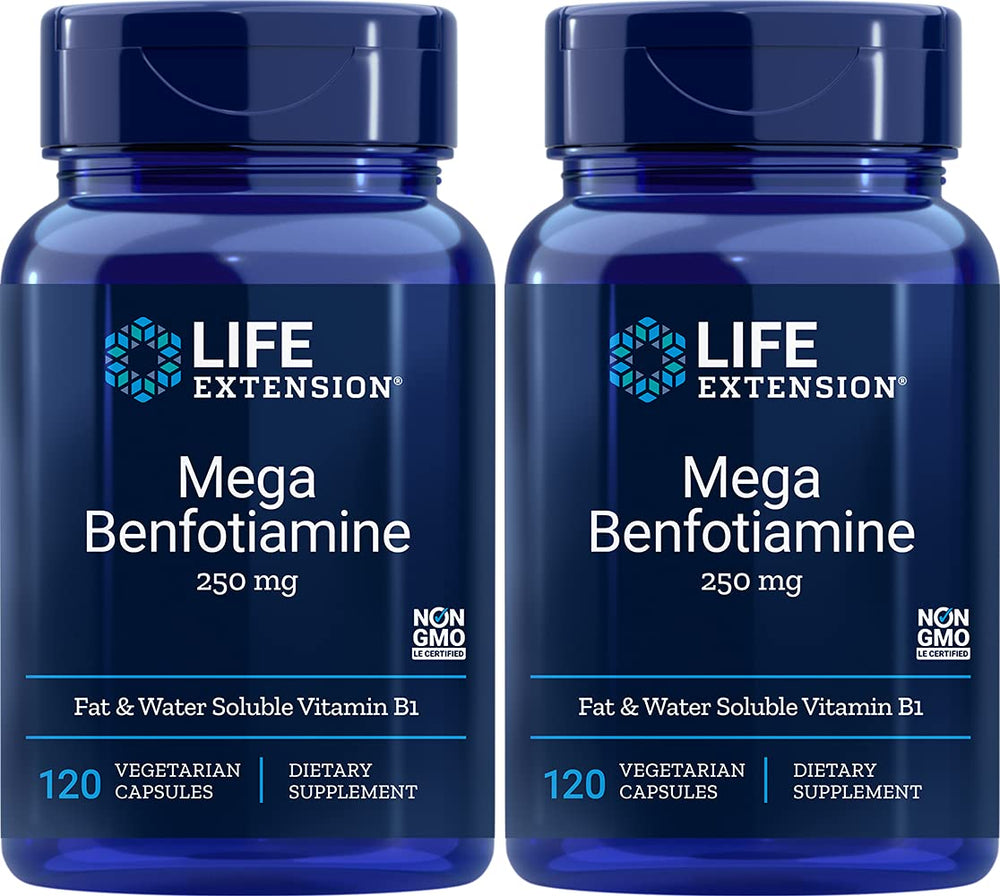 Life Extension Mega Benfotiamine bottle on shelf, supports daily metabolic balance.