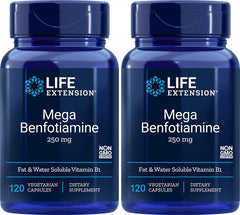 Life Extension Mega Benfotiamine bottle on shelf, supports daily metabolic balance.