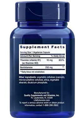 Life Extension Mega Benfotiamine capsules being poured, enabling easy daily intake for metabolic support.