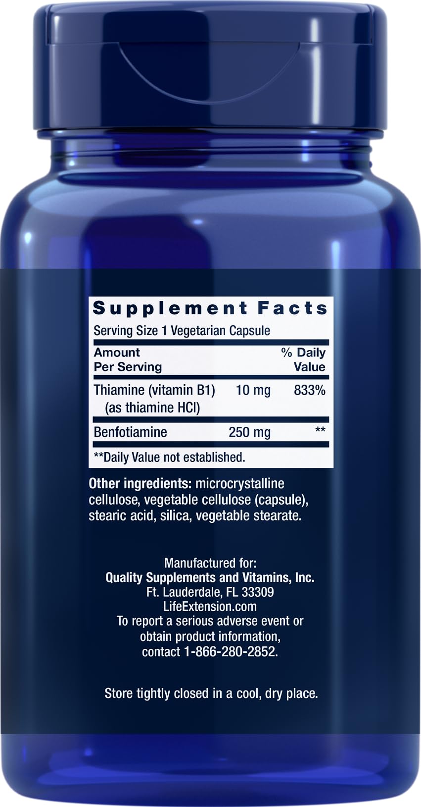 Life Extension Mega Benfotiamine capsules in view highlighting 250 mg benfotiamine and 10 mg thiamine blend.
