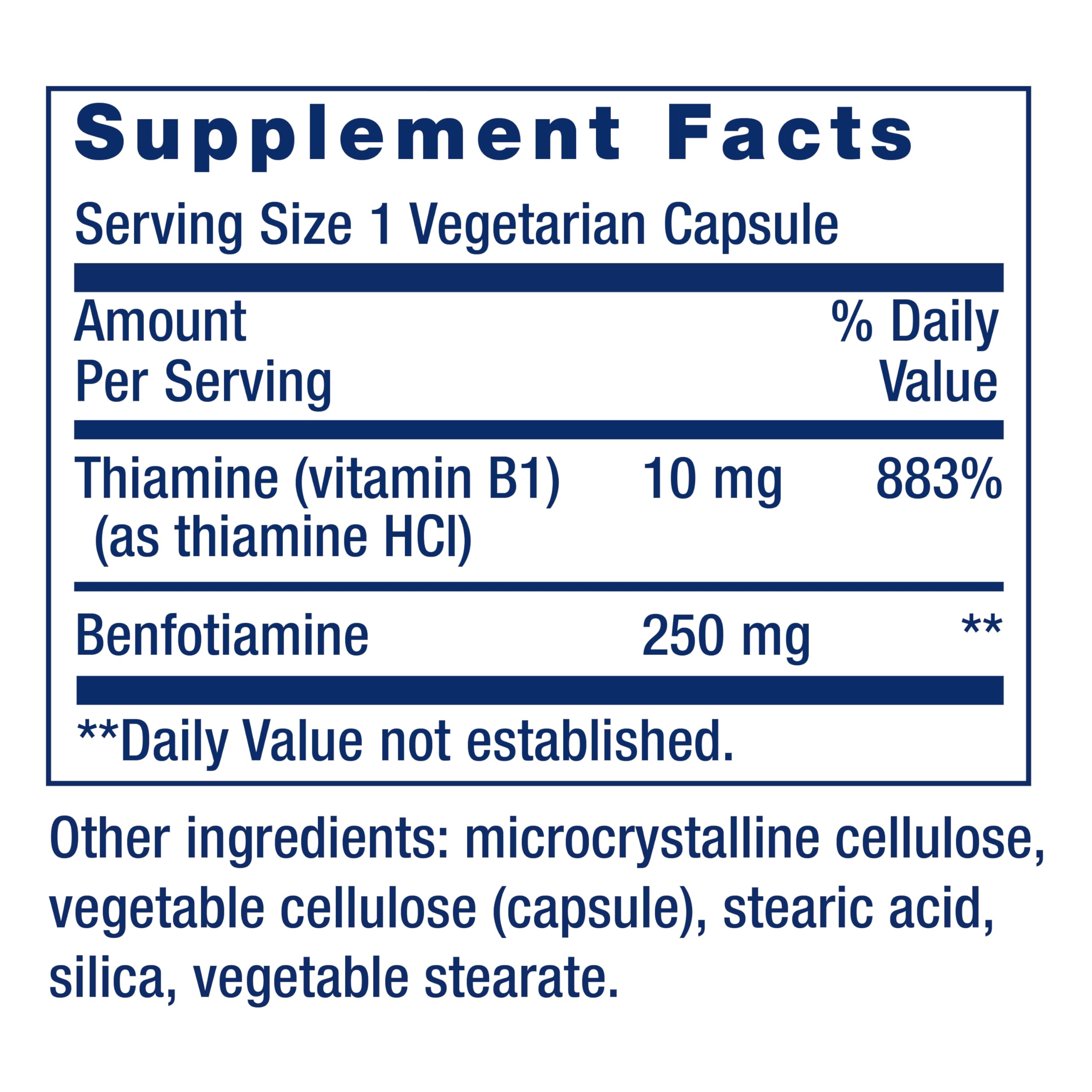 Life Extension Mega Benfotiamine label highlights 250 mg potency and purity.