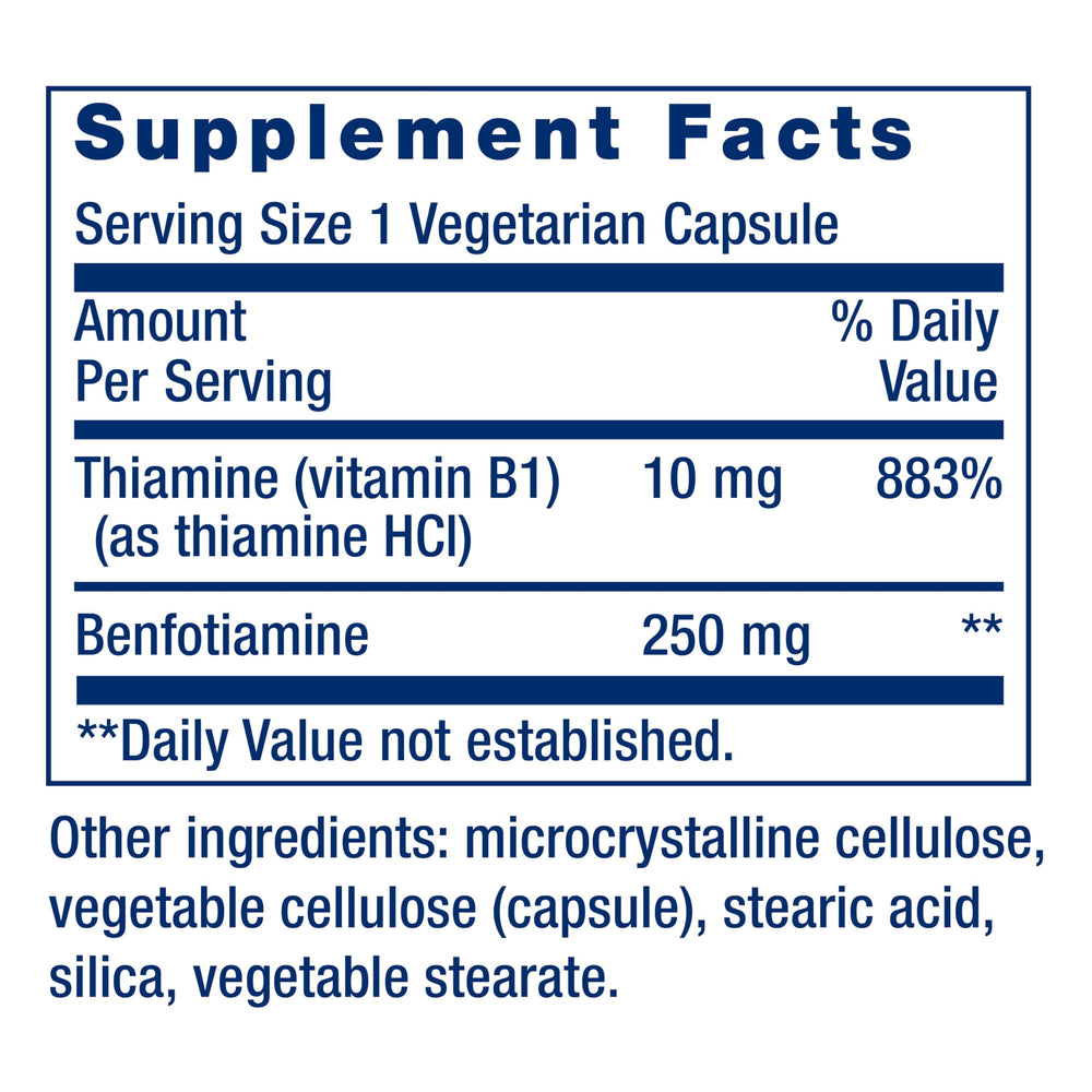 Life Extension Mega Benfotiamine label highlights 250 mg potency and purity.