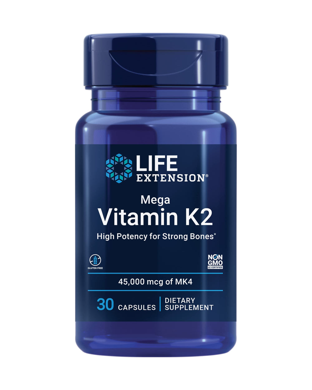 Life Extension Mega Vitamin K2 bottle displays the 45 mg dosage for bone support.
