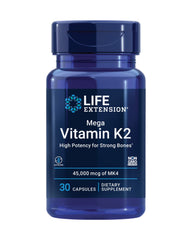 Life Extension Mega Vitamin K2 bottle displays the 45 mg dosage for bone support.