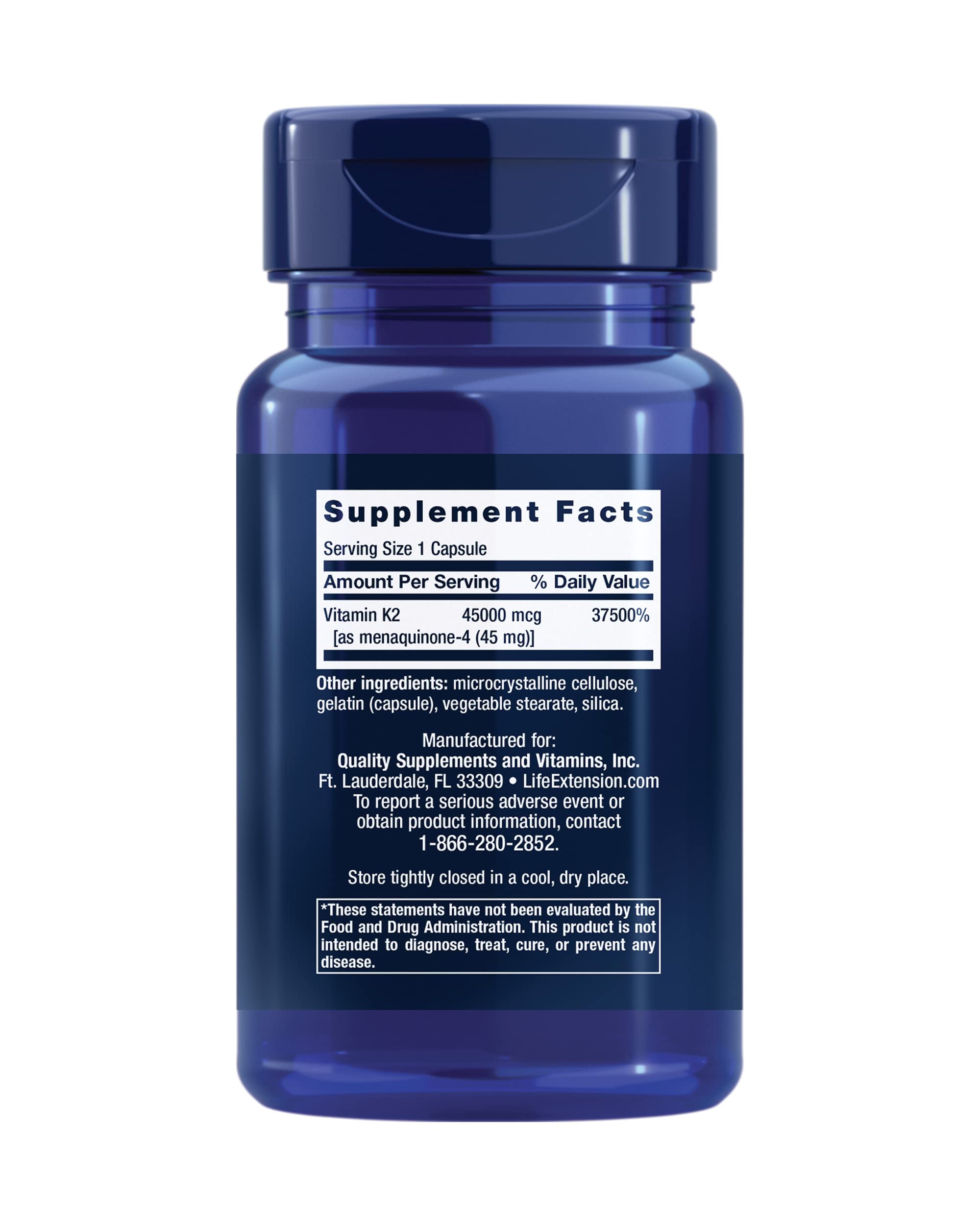 Dosage graphic for Life Extension Mega Vitamin K2 highlights 45 mg per serving.