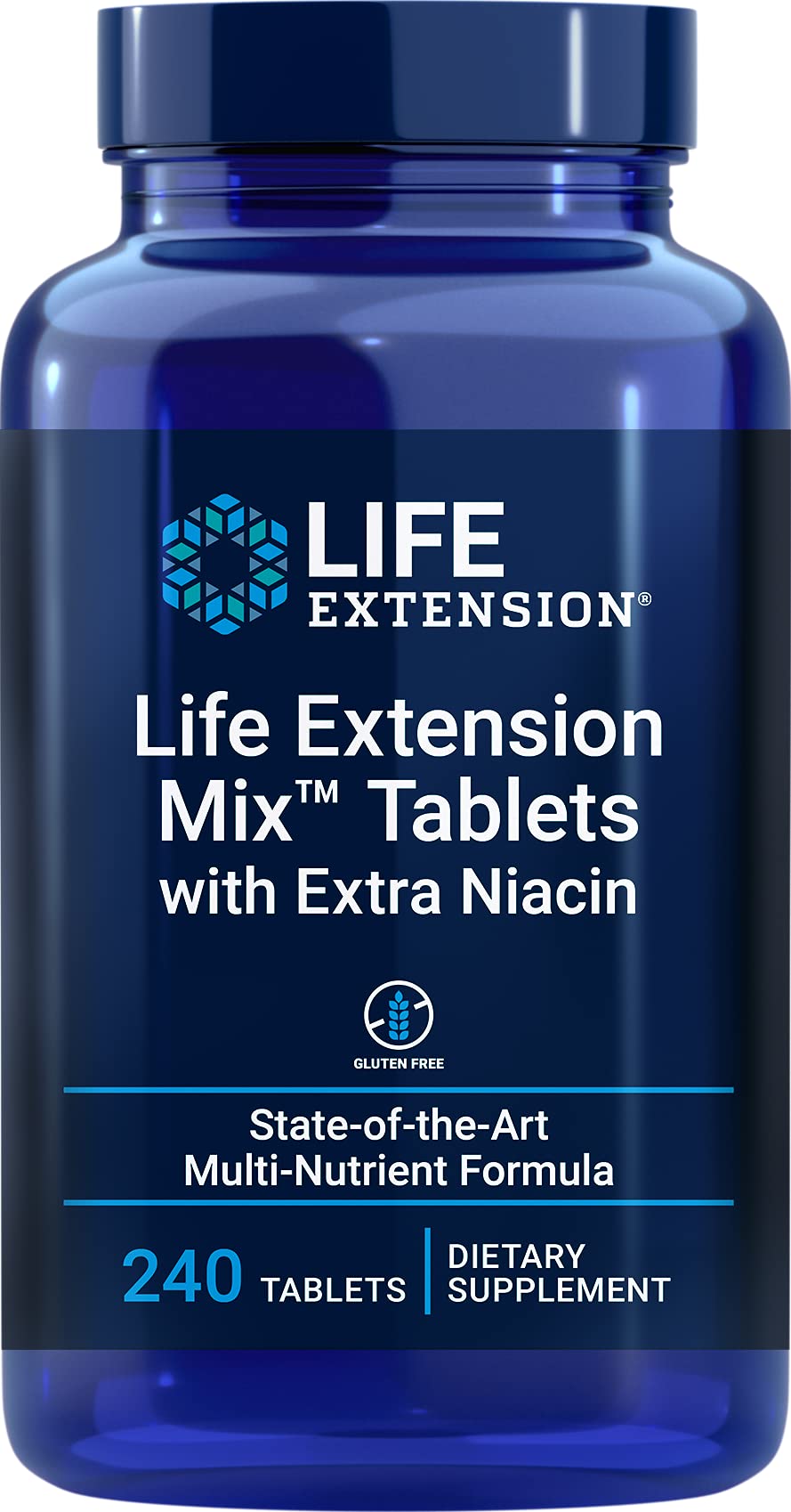 Life Extension Mix extra niacin tablets bottle front signaling daily nutrition.