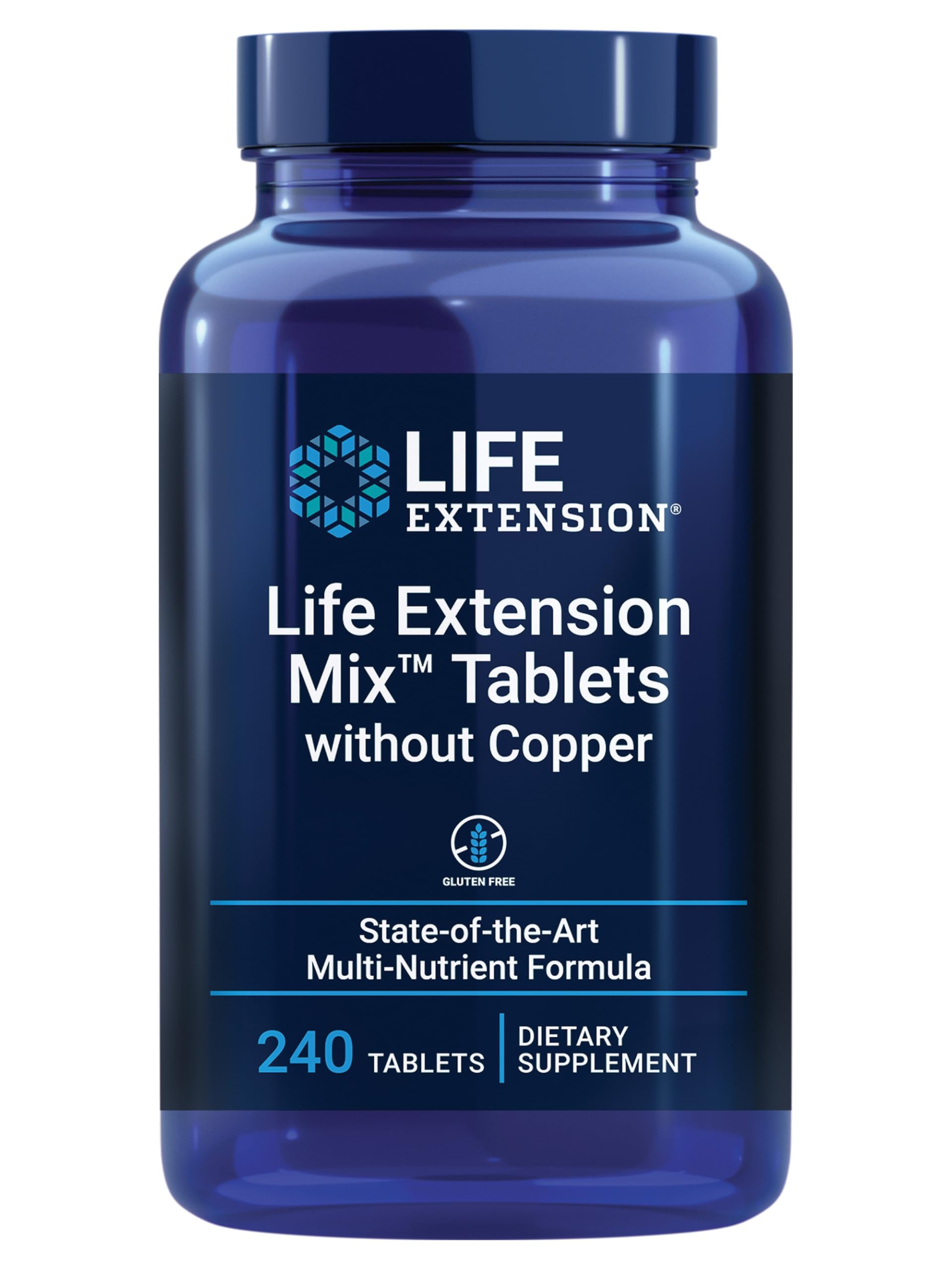 Life Extension Mix without Copper bottle with label highlighting copper-free daily nutrition