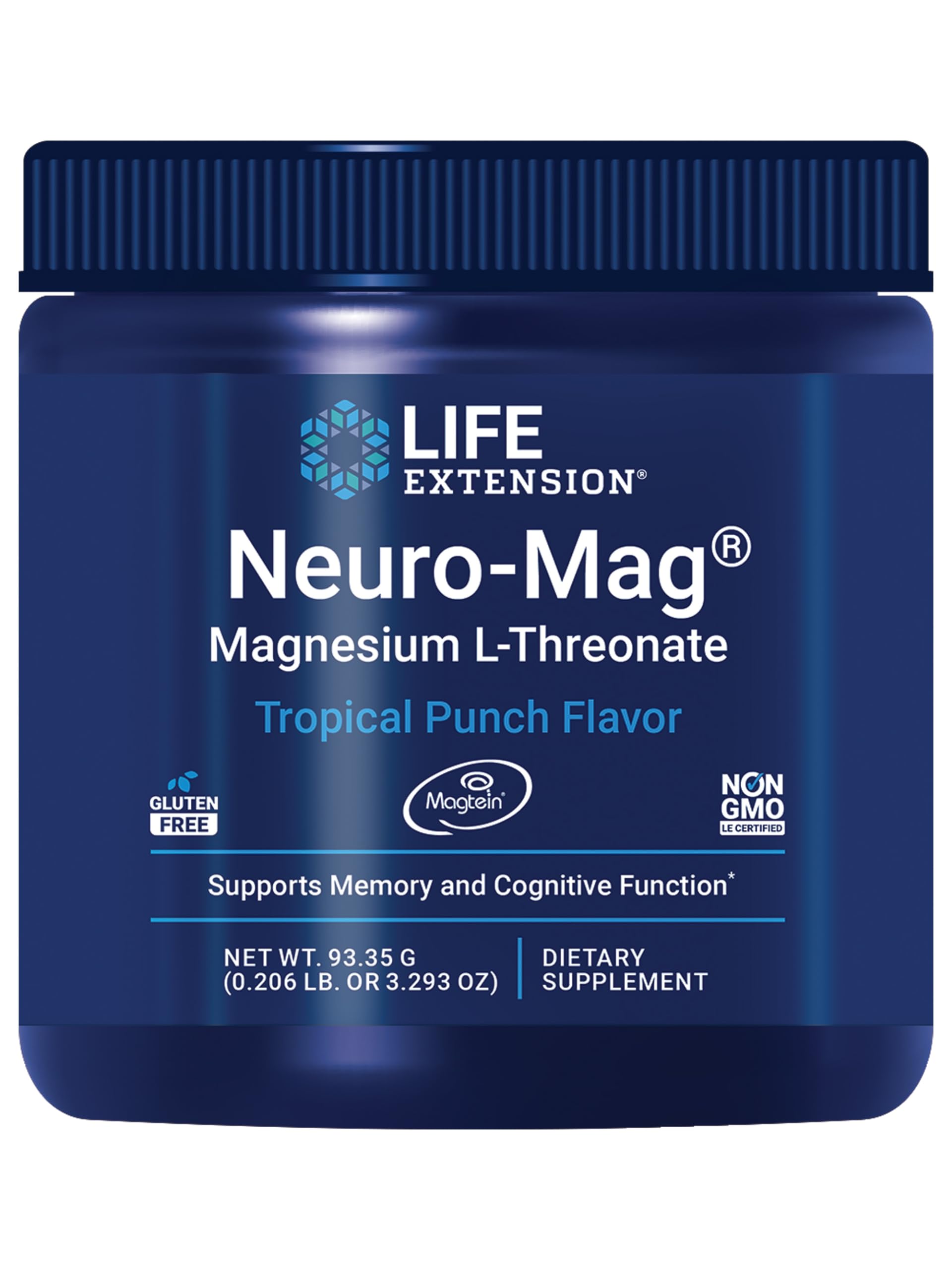 Life Extension Neuro-Mag Tropical Punch bottle shown as a convenient magnesium source for daily focus.