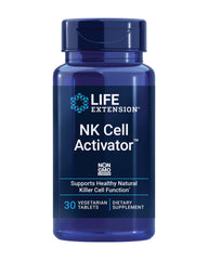 Life Extension NK Cell Activator bottle close-up highlighting non-GMO formula and immune support.