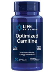 Life Extension Optimized Carnitine bottle label with 60 gluten-free capsules for daily use