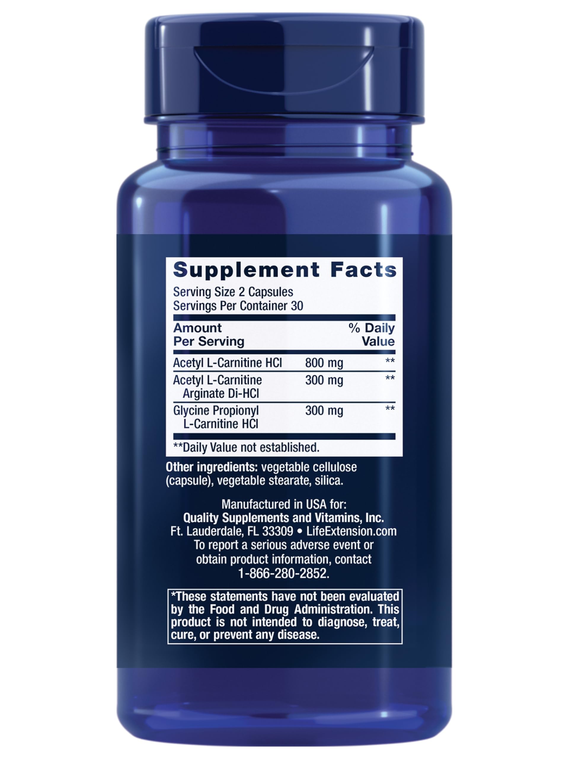 Life Extension Optimized Carnitine capsules close-up showing three carnitine forms for energy support