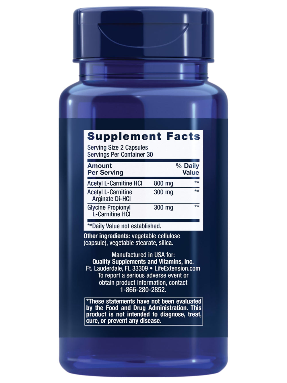 Life Extension Optimized Carnitine capsules close-up showing three carnitine forms for energy support