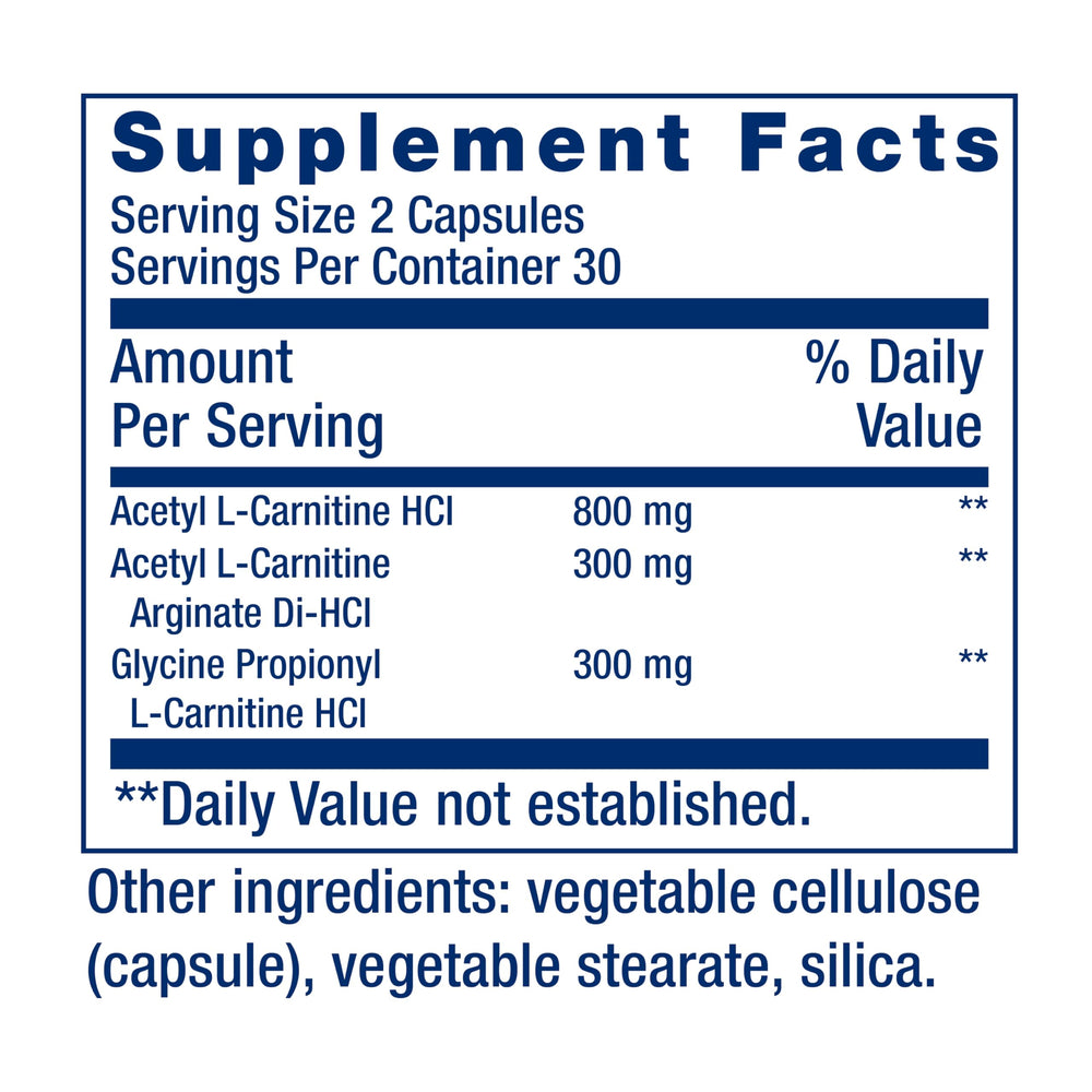 Life Extension Optimized Carnitine ingredient panel highlighting non-GMO vegetarian ingredients