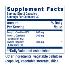 Life Extension Optimized Carnitine ingredient panel highlighting non-GMO vegetarian ingredients