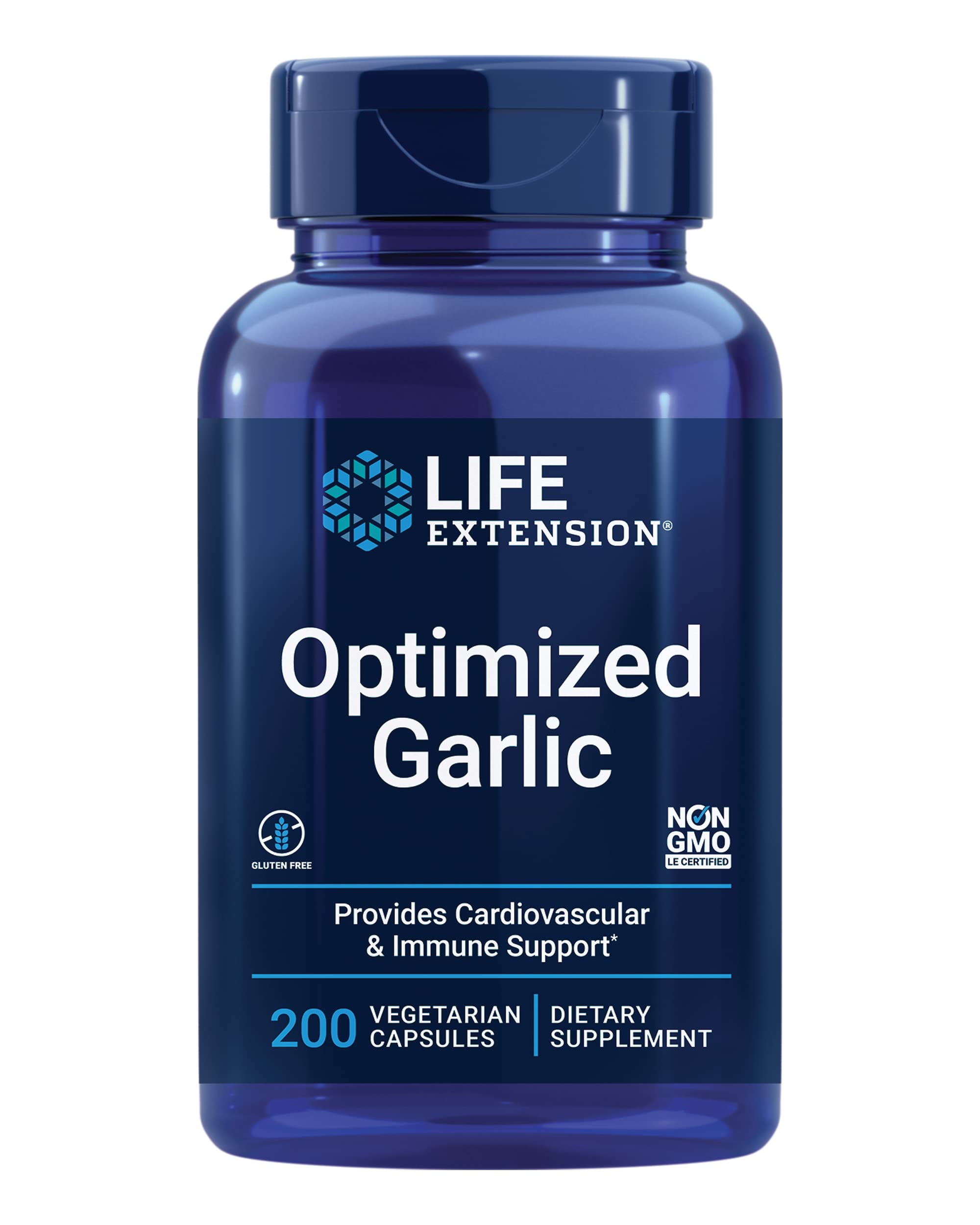 Life Extension Optimized Garlic bottle displaying 200 vegetarian capsules for immune support.