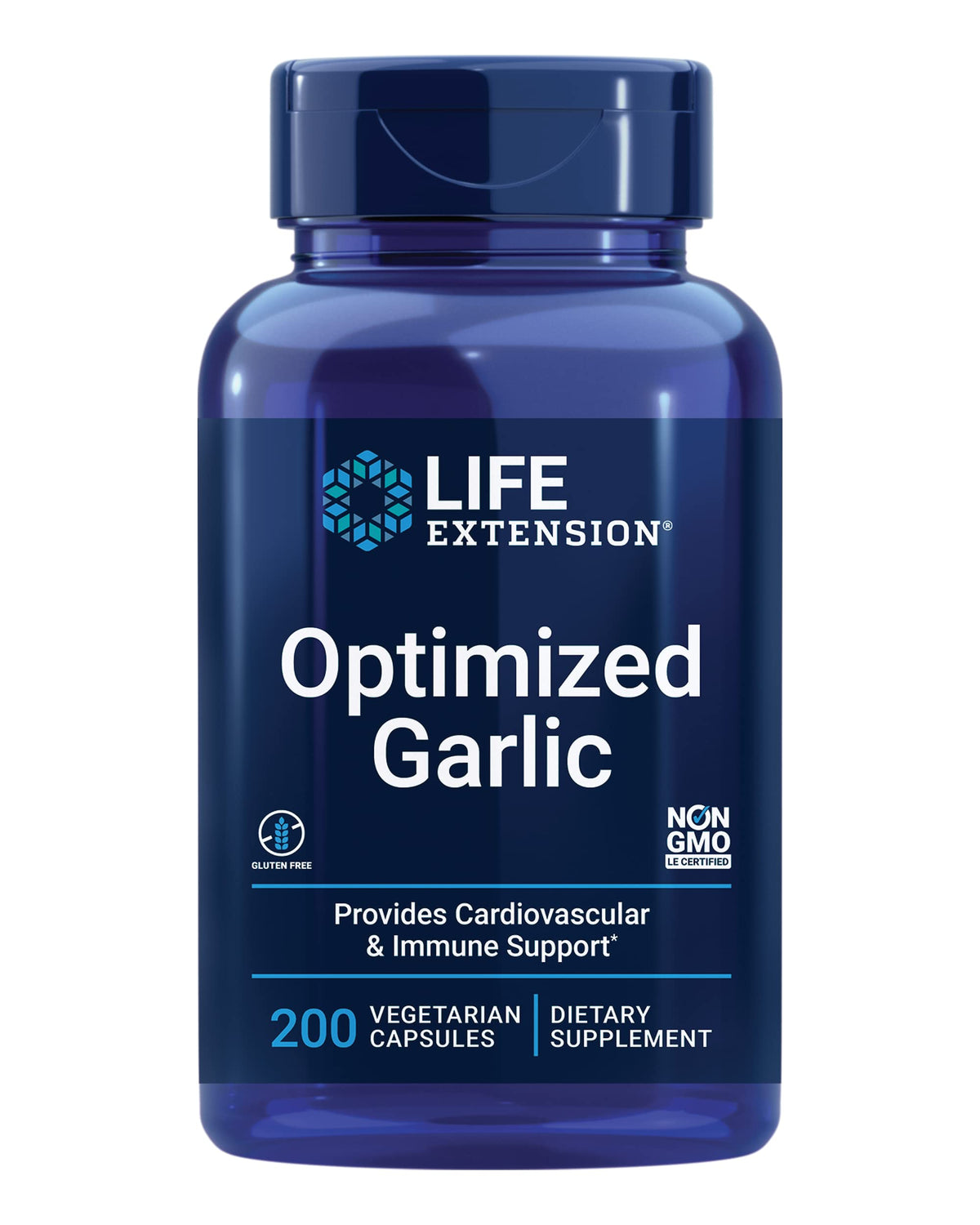 Life Extension Optimized Garlic bottle displaying 200 vegetarian capsules for immune support.