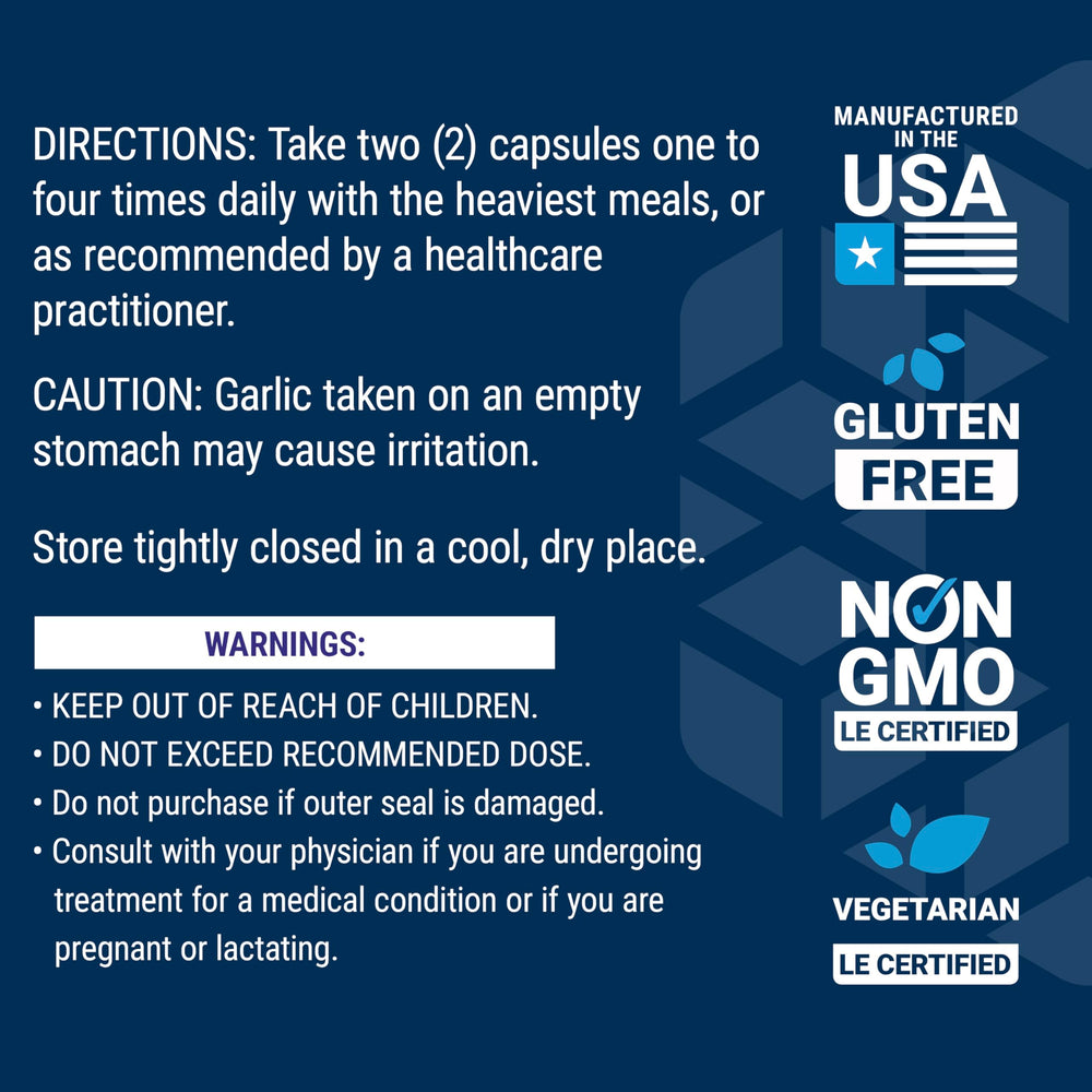 Life Extension Optimized Garlic bottle notes USA manufacturing process.