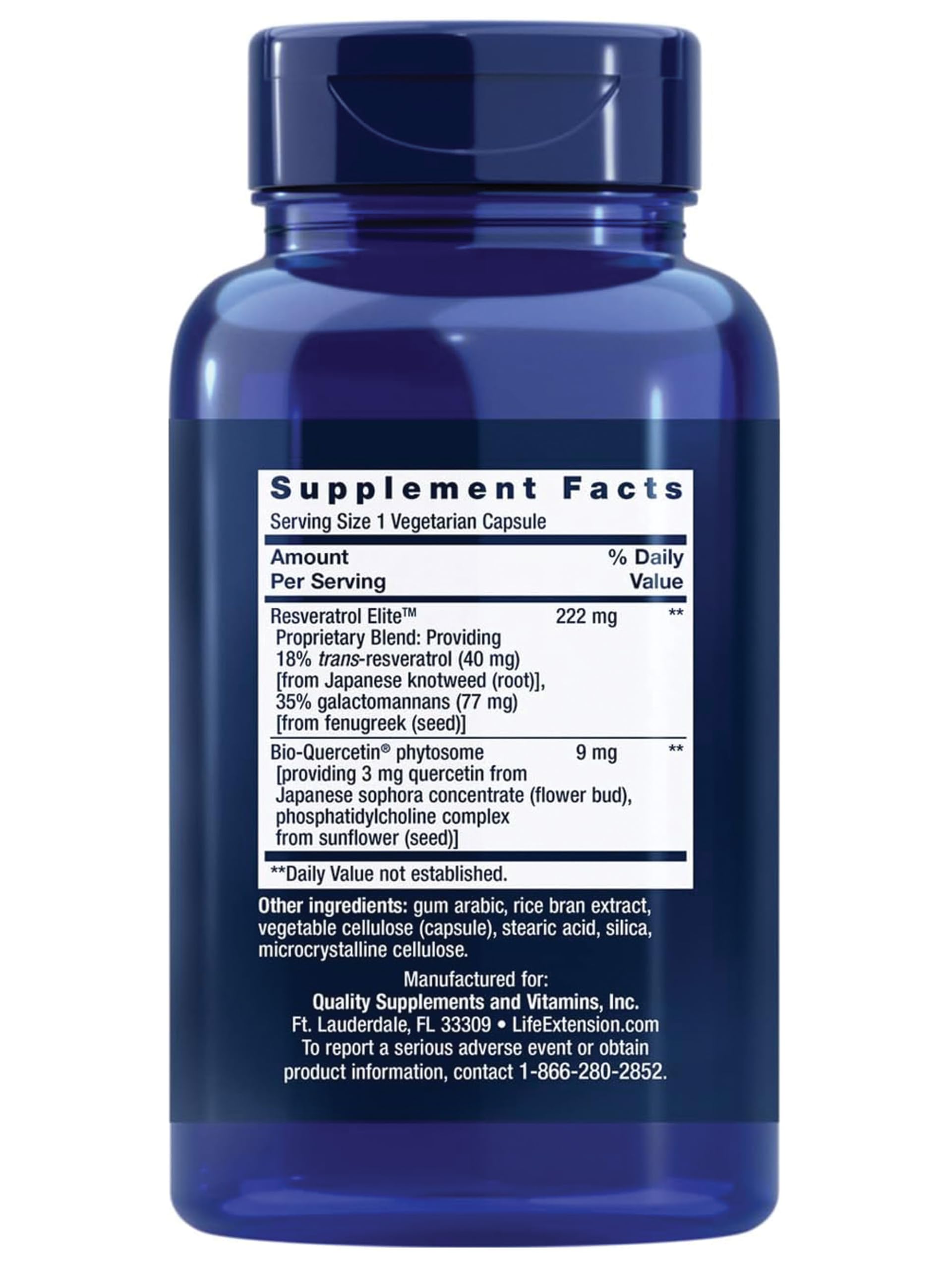 Life Extension Optimized Resveratrol Elite bottle back shows non-GMO, gluten-free ingredients with COA transparency.