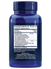 Life Extension Optimized Resveratrol Elite bottle back shows non-GMO, gluten-free ingredients with COA transparency.